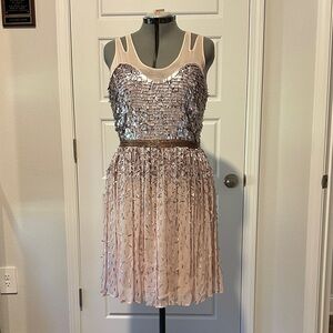 French Connection Sequin Midi Dress in Pink and Silver